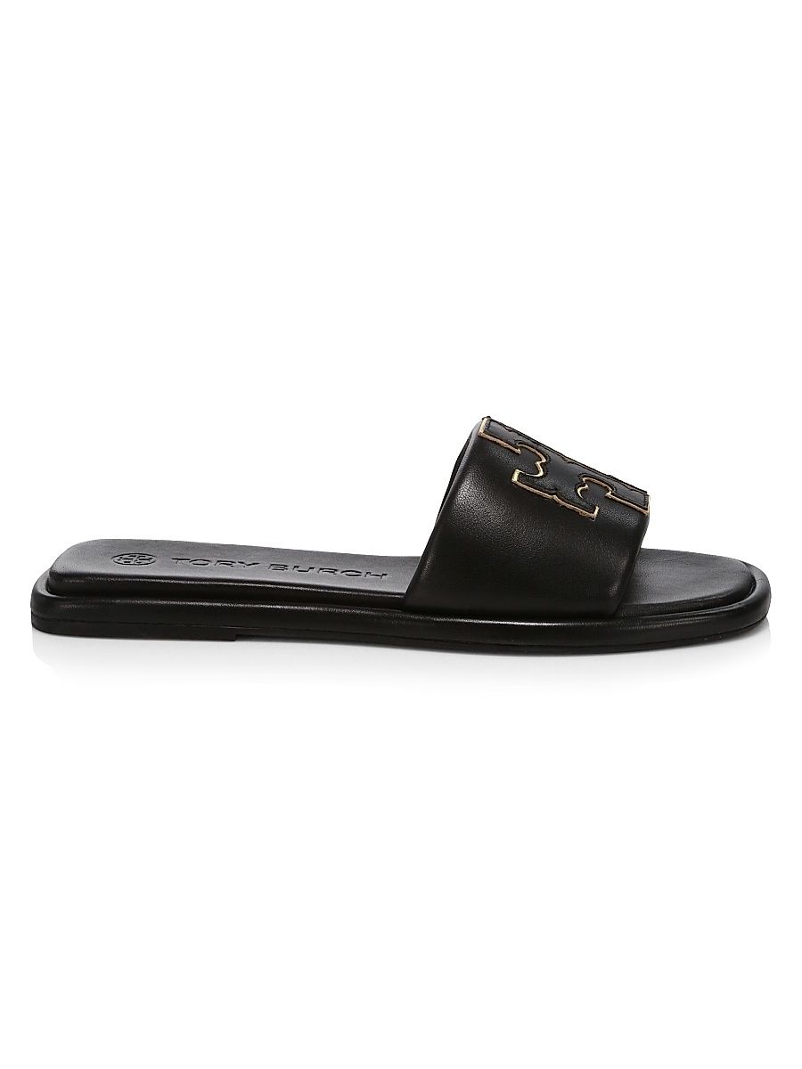 Women's Double-T Monogram Padded Leather Slide Sandals - Perfect Black - Size 9.5