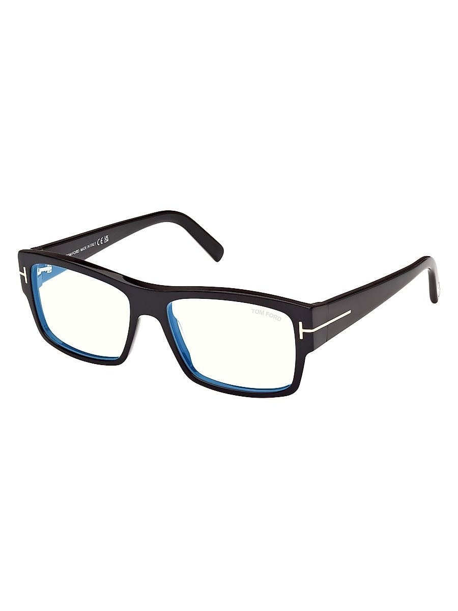 Men's 55MM Blue Block Rectangular Glasses - Shiny Black