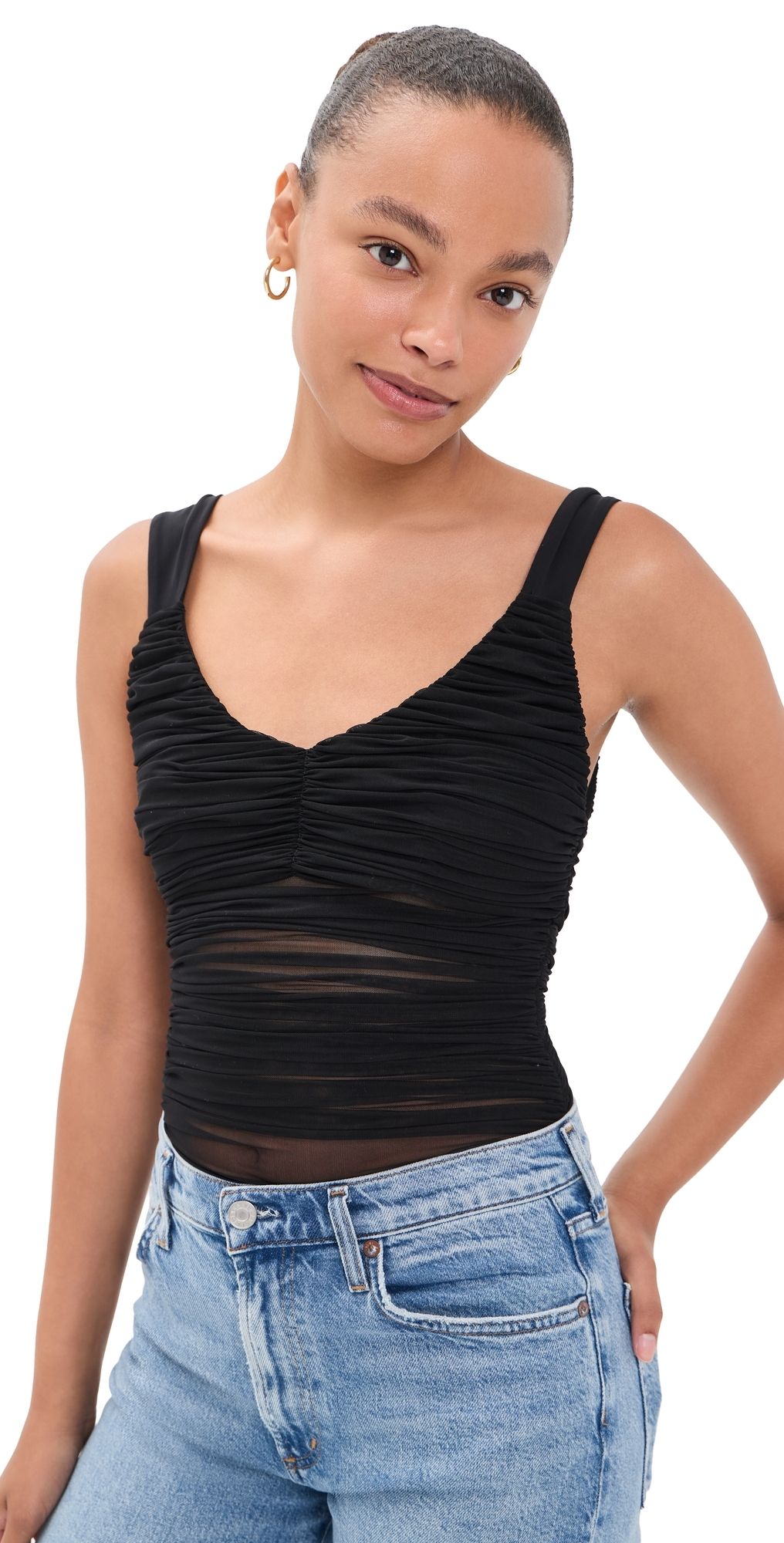 ALICE + OLIVIA Renee Sheer Soft Ruched Tank Thong Bodysuit Black XL