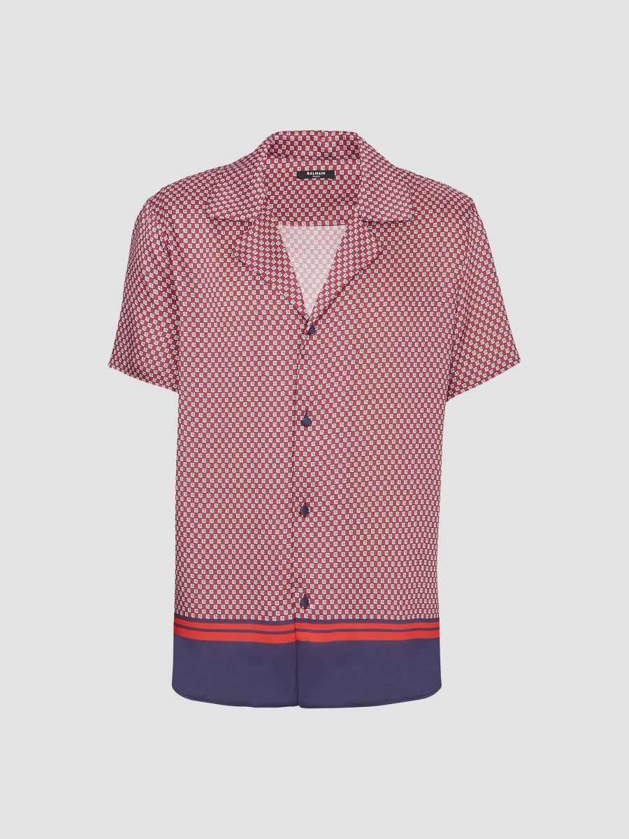Balmain Men's Logo Print Camp Shirt - White Blue Red - Size 16.5