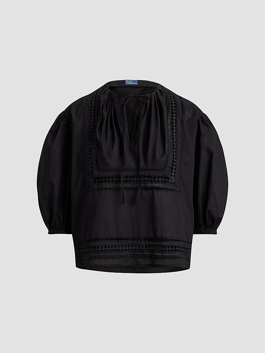 Women's Lace-Trim Cotton Shirt - Polo Black - Size XS