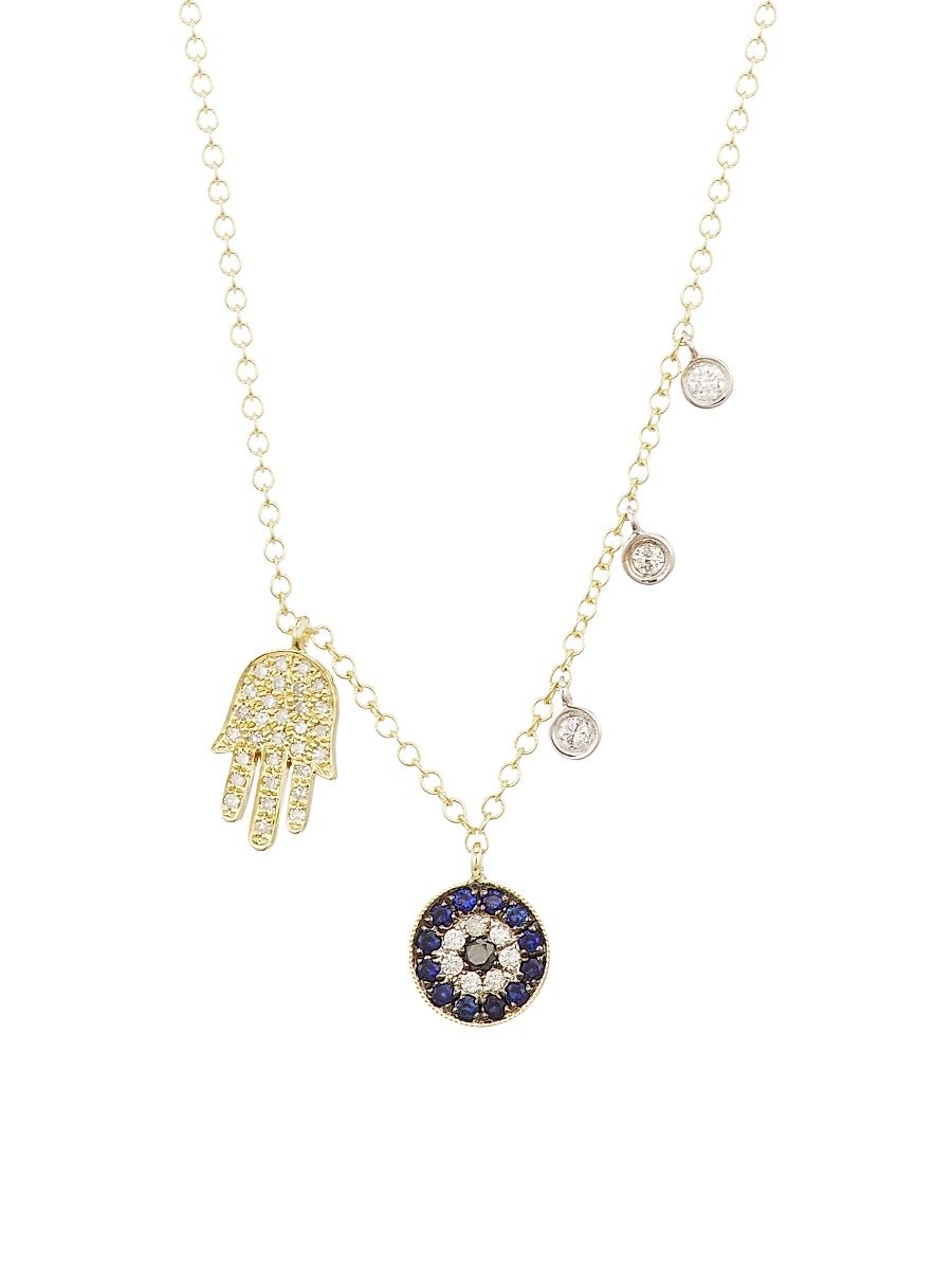 Women's 14K Gold, Diamond & Sapphire Hamsa & Evil Eye Charm Necklace - Yellow Gold