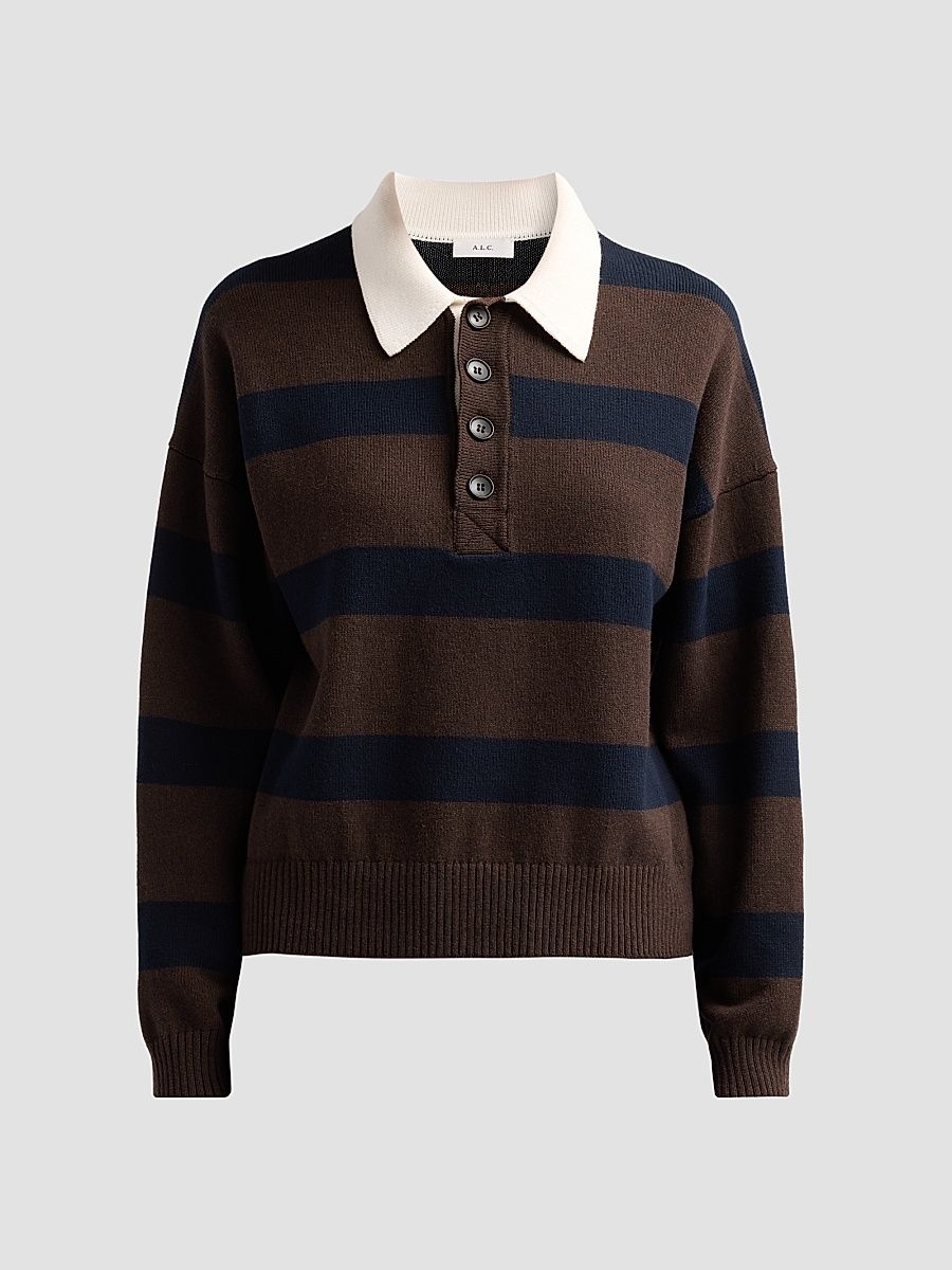 Women's Alexa Striped Polo Sweater - Dark Carob Navy - Size Large