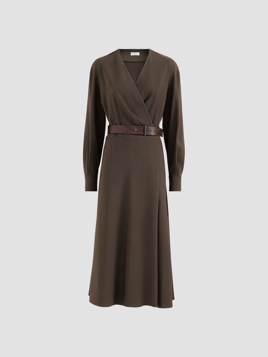Brunello Cucinelli Women's Comfort Virgin Wool and Viscose Twill Dress with Belt and Monili - Pine Cone Brown - Size XL