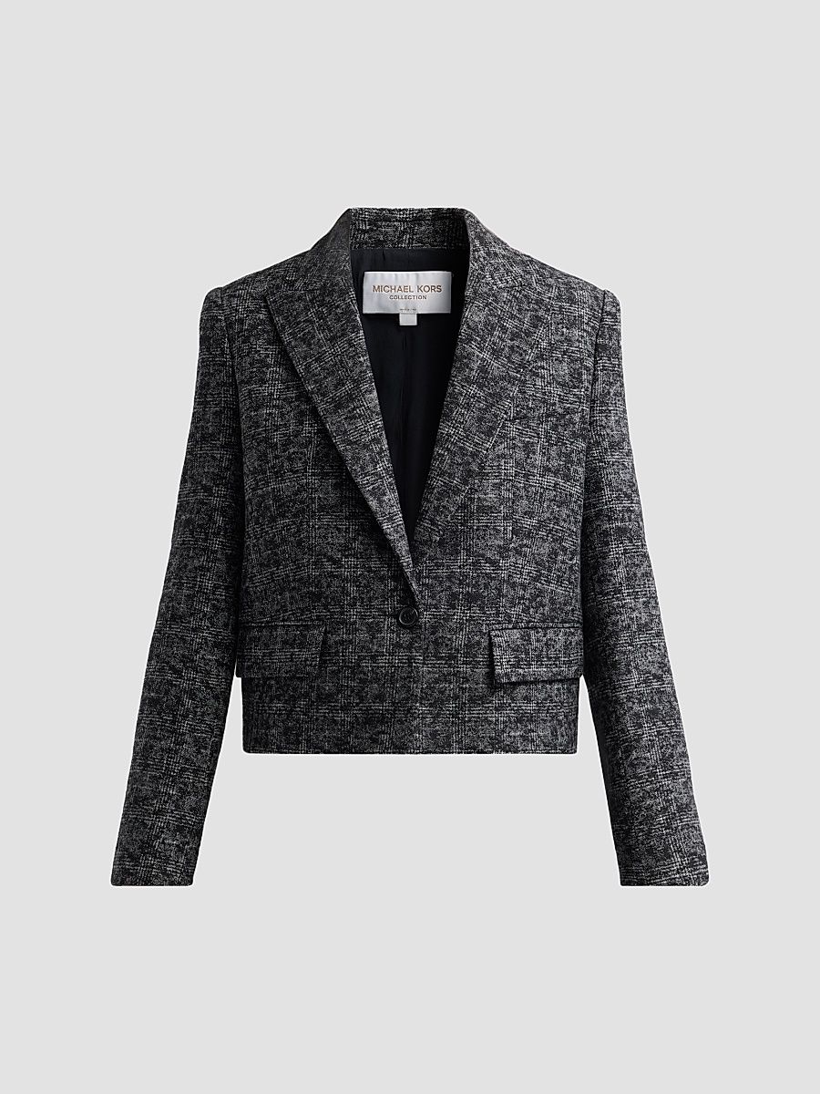 Women's Smudged Glen Check One-Button Cutoff Blazer - Black Ivory - Size 12