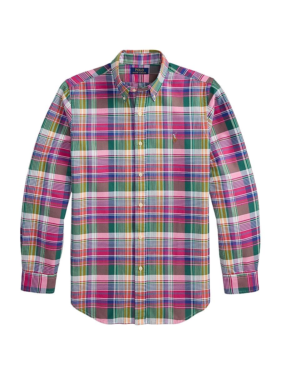 Men's Plaid Stretch-Cotton Button-Down Oxford Shirt - Pink Blue Multi - Size Small