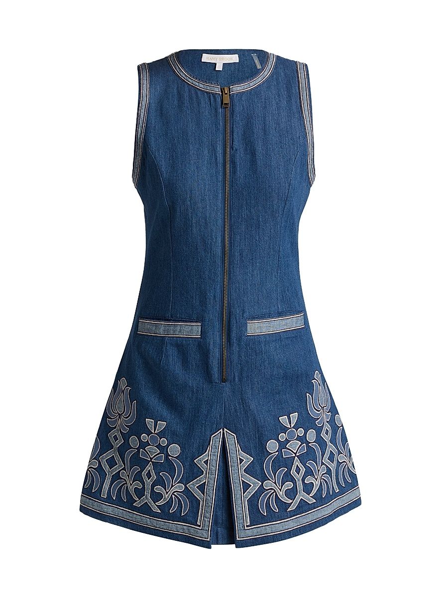 Women's Paulina Geometric Floral-Embroidered Denim Minidress - Tonal Embroidered Denim - Size 12