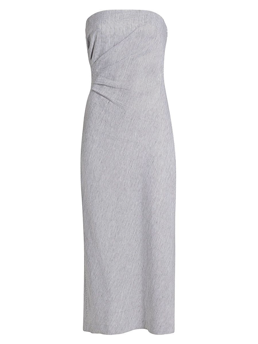Women's Striped Cotton-Linen Strapless Midi-Dress - Iris Slate Off White - Size 8