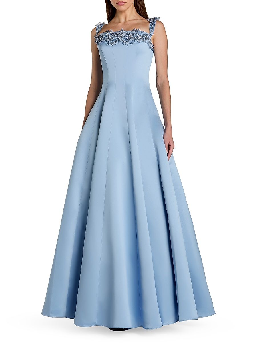 Women's Beaded Satin Off-The-Shoulder Gown - Slate Blue - Size 12