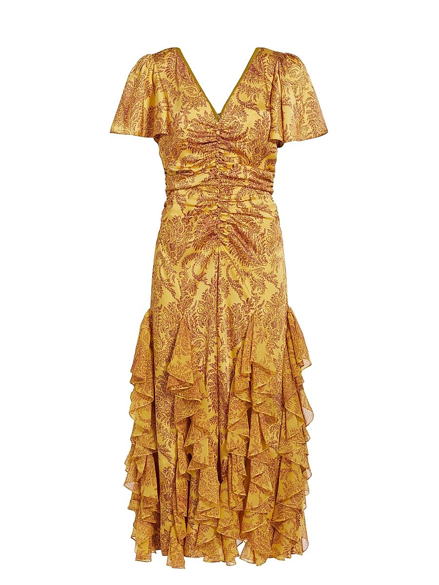 Women's Olympia Paisley Ruffle Midi-Dress - Golden Fog Merlot - Size 6