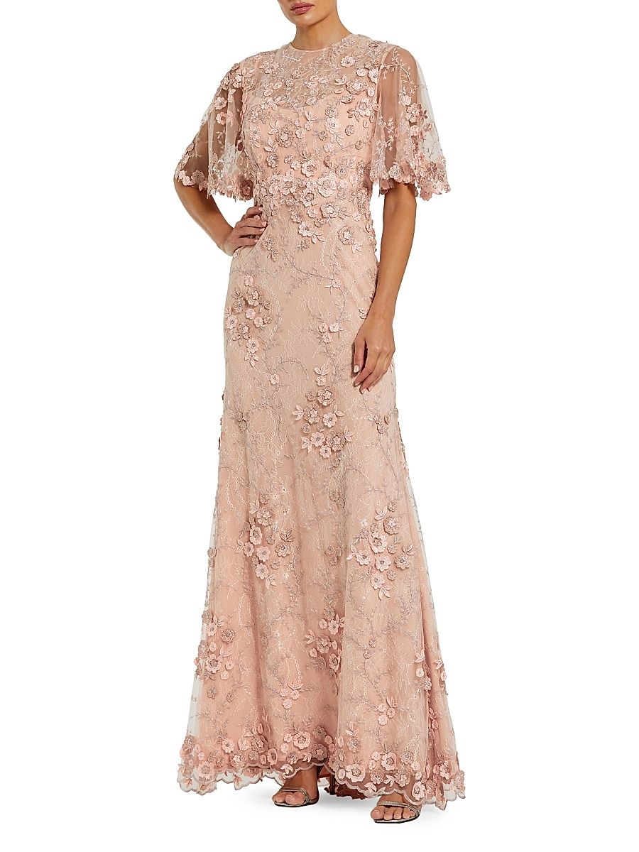 Women's Embellished Lace Flutter-Sleeve Gown - Rose - Size 20