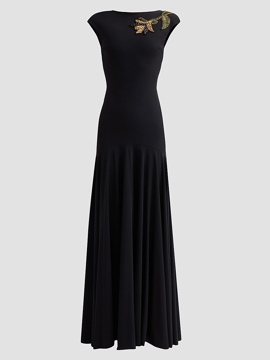 Women's Isolda Beaded 3D Flower Appliqué Drop-Waist Maxi Dress - Black - Size 2