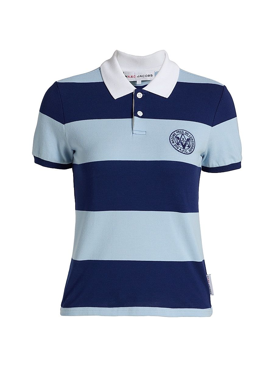 Women's Striped Stretch Cotton Shrunken-Fit Polo Shirt - Dark Navy Blue - Size Large