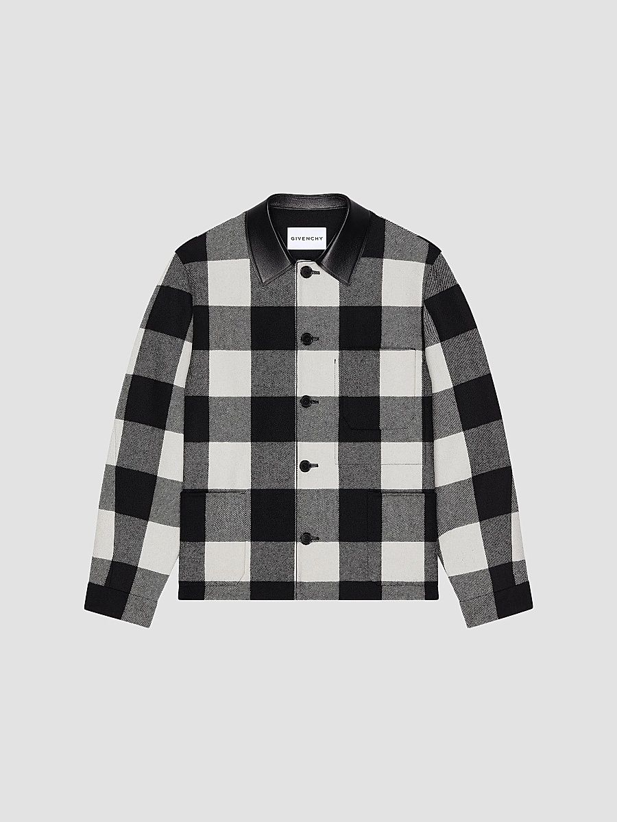 Givenchy Men's Checked Overshirt in Wool with Leather Collar - Cream Black - Size 44