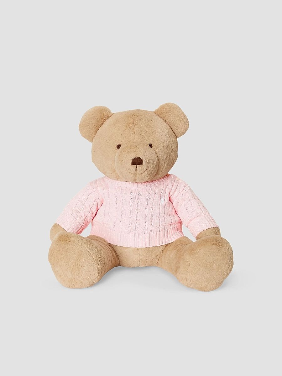 Baby's Teddy Bear In Cable-Knit Cotton Sweater - Acacia Pink