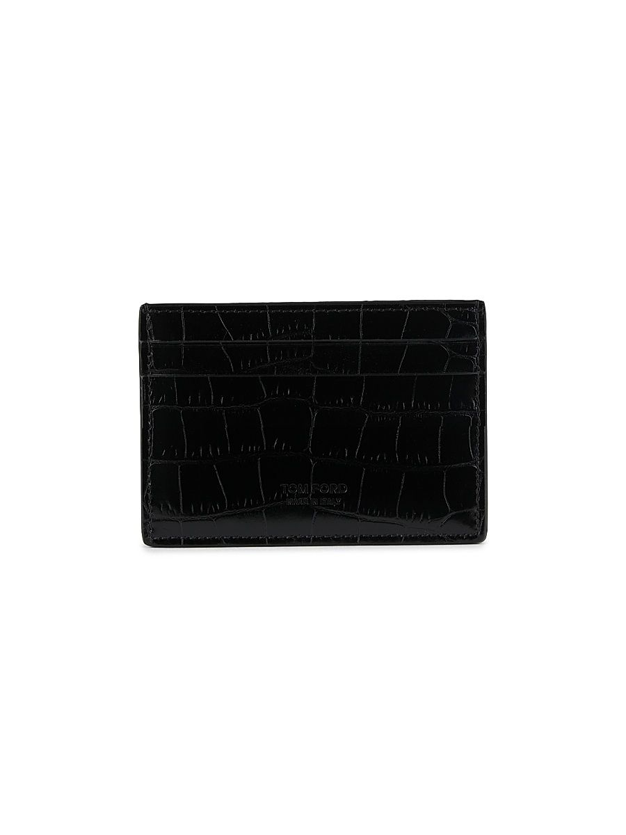 Men's Crocodile-Embossed Leather Money Clip Card Holder - Black