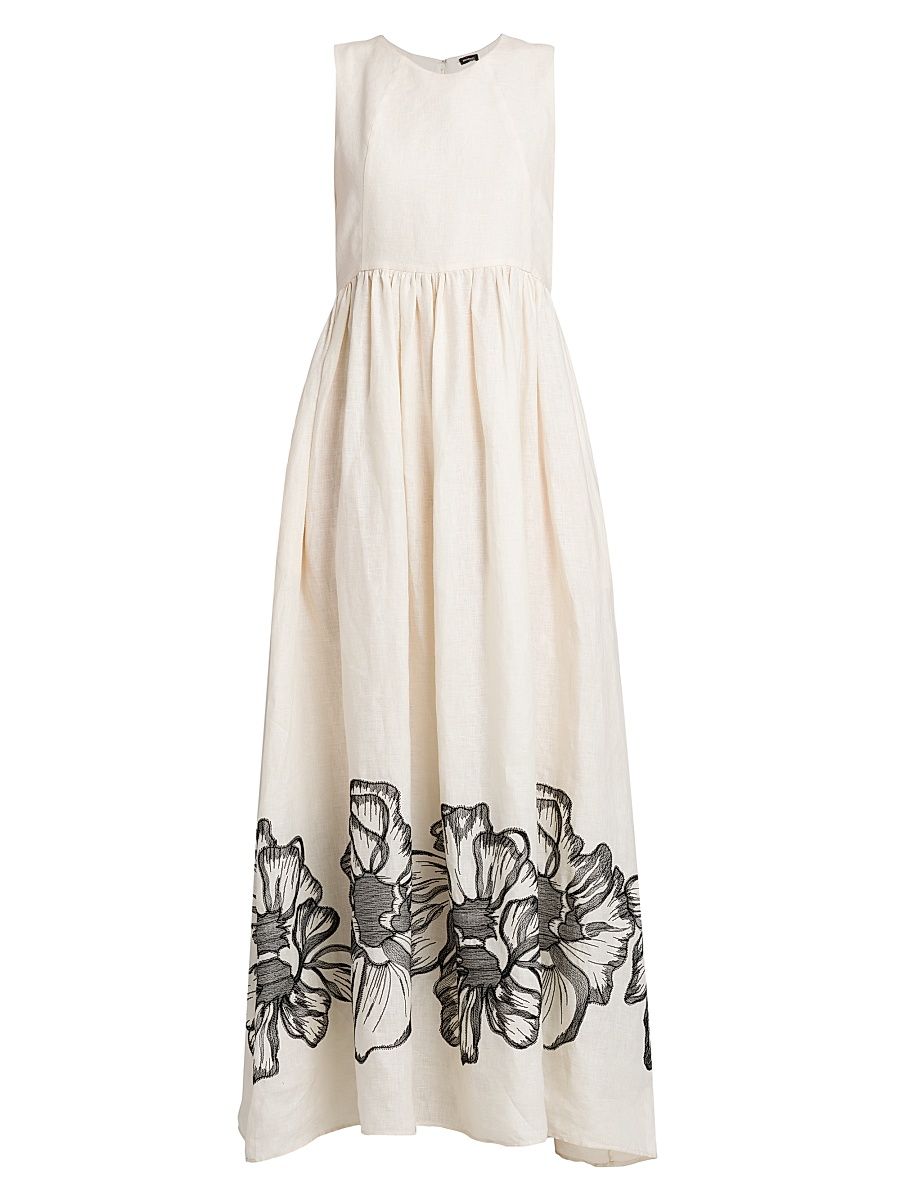 Women's Sleeveless Floral Linen Maxi Dress - White Black - Size 6
