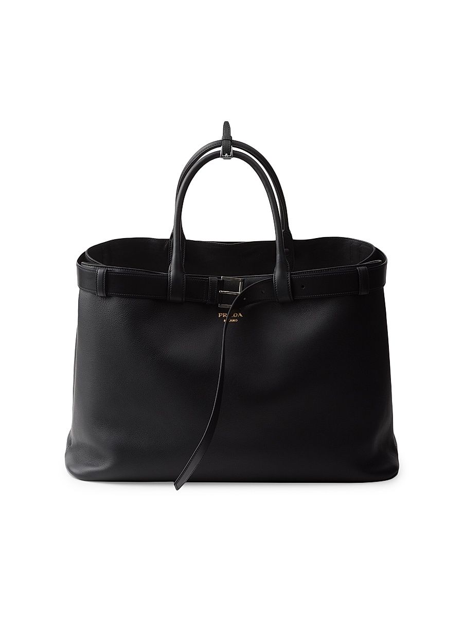 Men's Buckle Leather Bag with Belt - Black