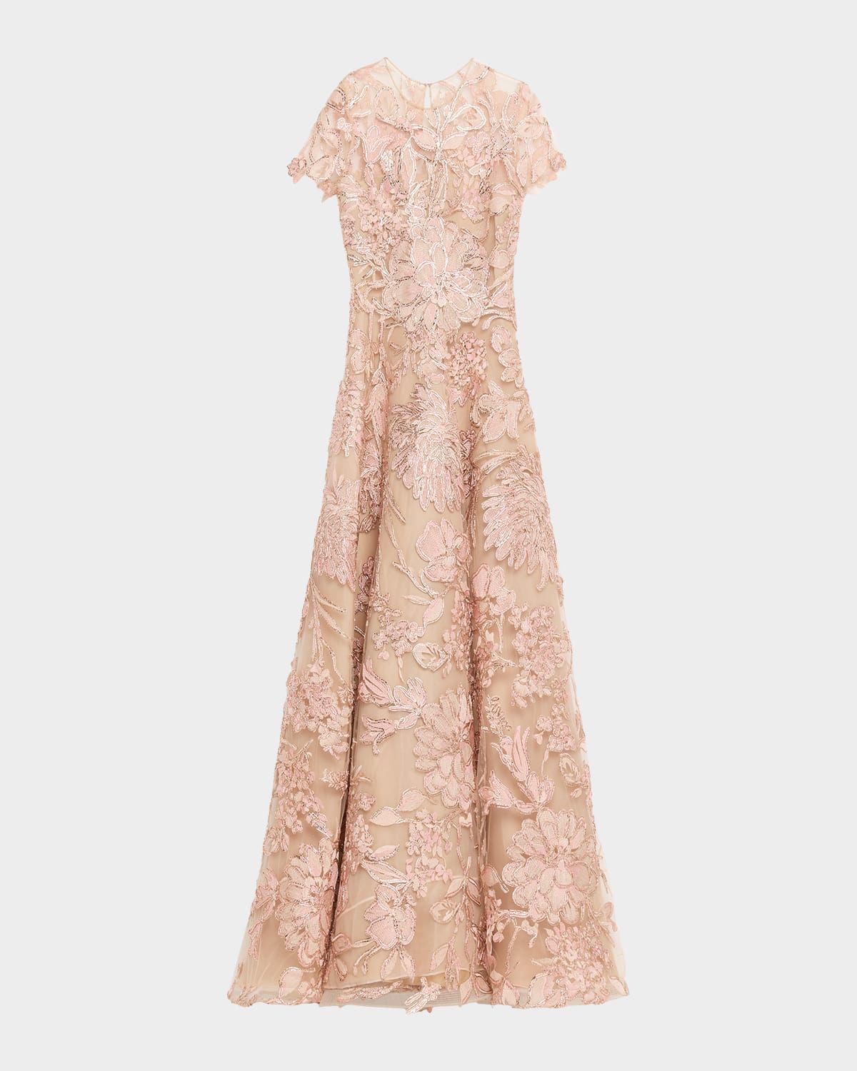 Floral Raffia Embroidered Tulle Short-Sleeve Gown