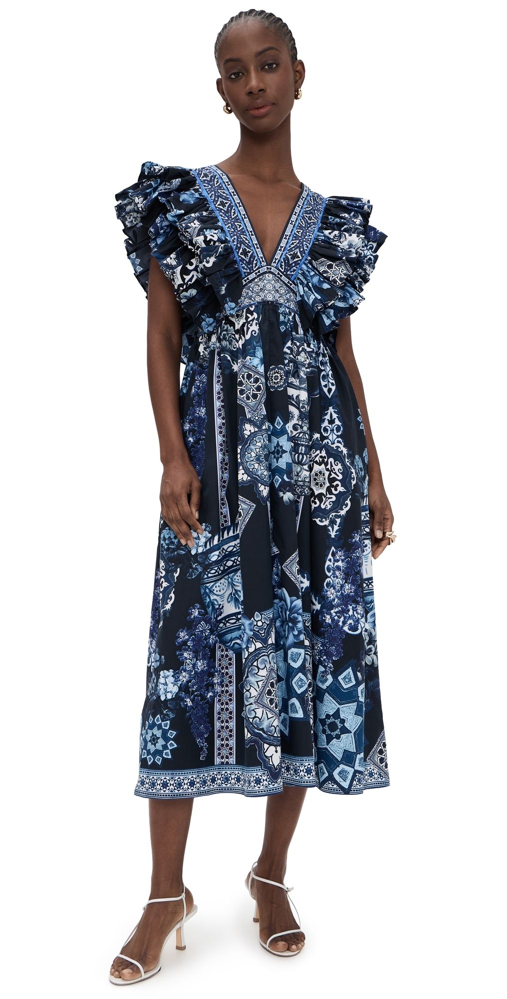 Camilla Double Frill Sleeve Midi Dress A Tiled Wonderland M