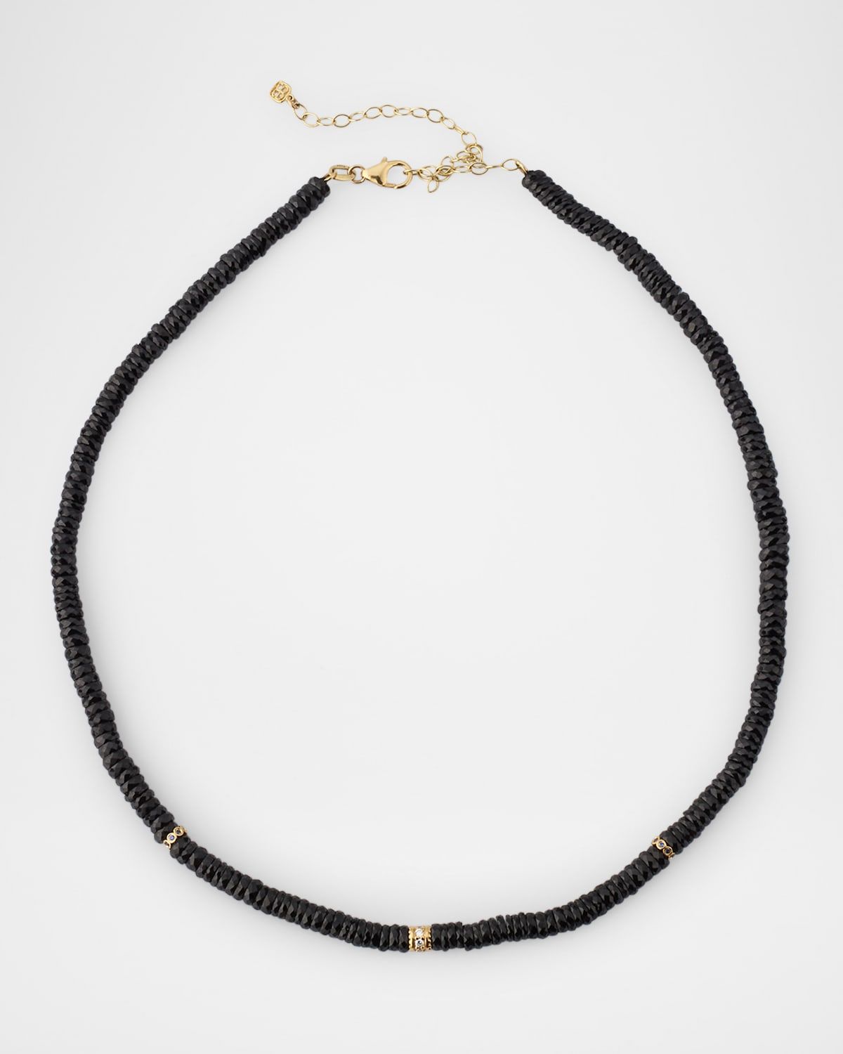 14K Yellow Gold Black Spinel Beaded Necklace with Diamonds and Sapphire