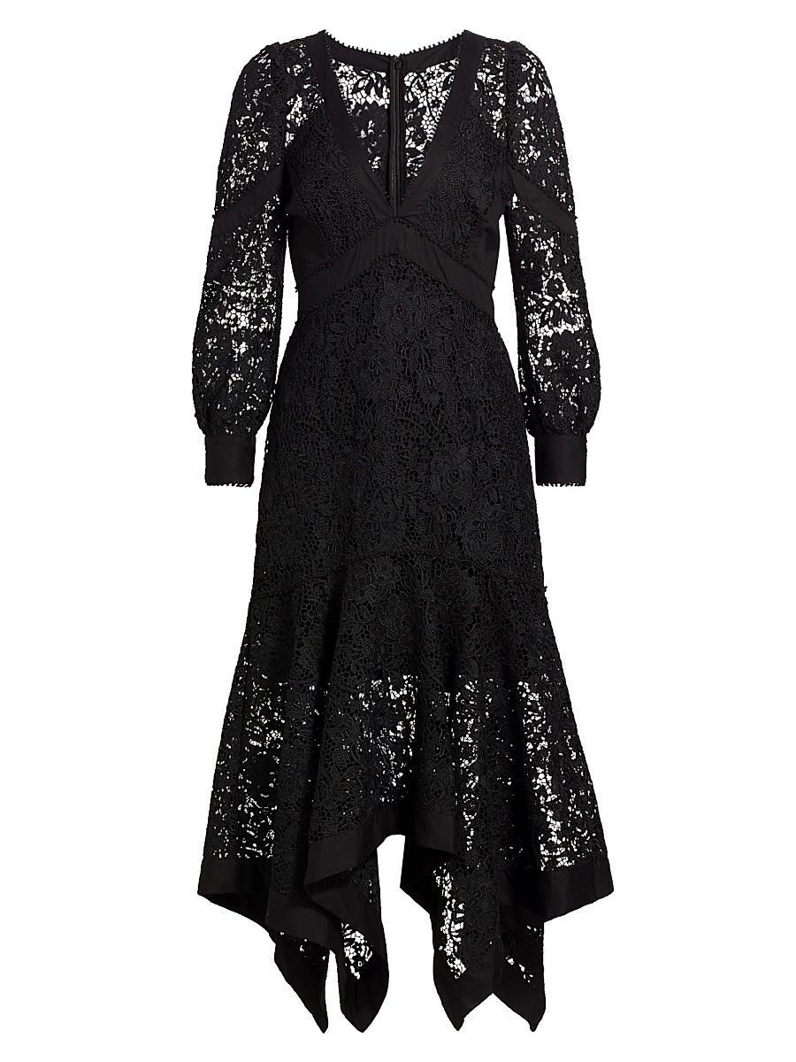 Women's Lace Guipure V-Neck Midi-Dress - Black - Size 12