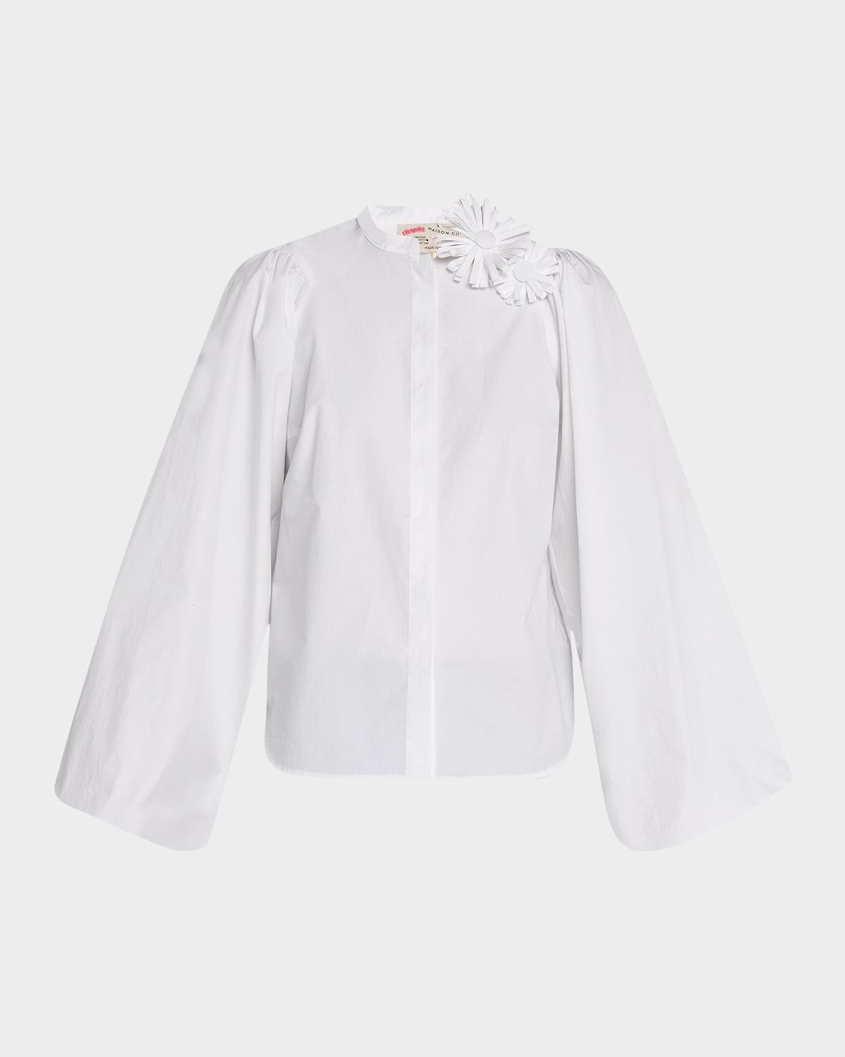 Flower Pin Balloon-Sleeve Cotton Blouse