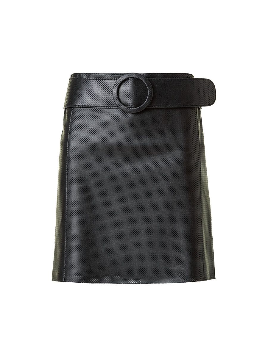 Women's Belted Pin Dot Leather Miniskirt - Black - Size 10