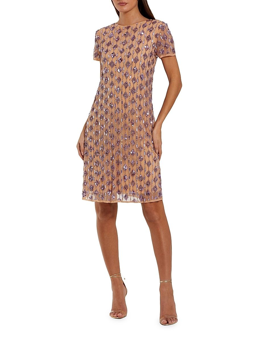 Women's Cocktail Beaded Mesh T-Shirt Knee-Length Dress - Beige Lilac - Size XL