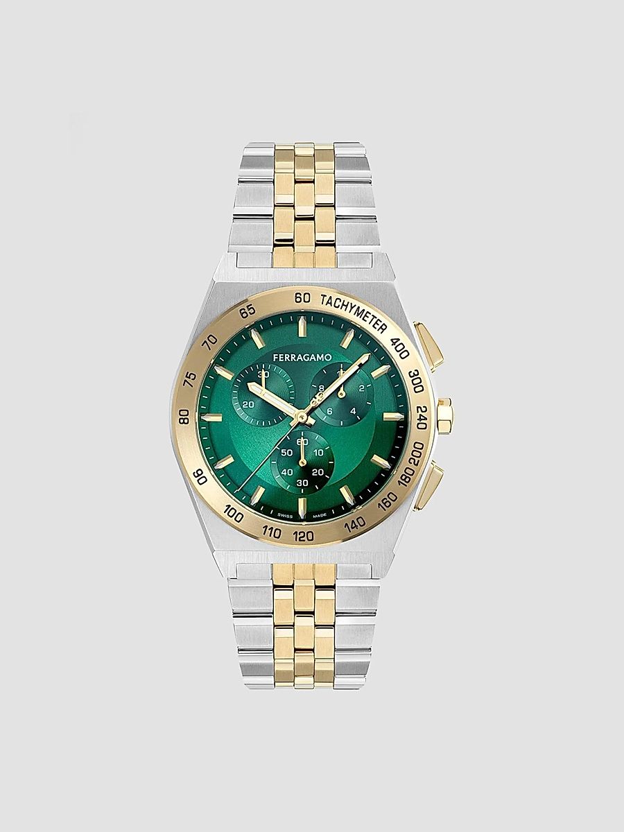 FERRAGAMO Men's Vega New Chrono 42MM Two-Tone Bracelet Watch - Green