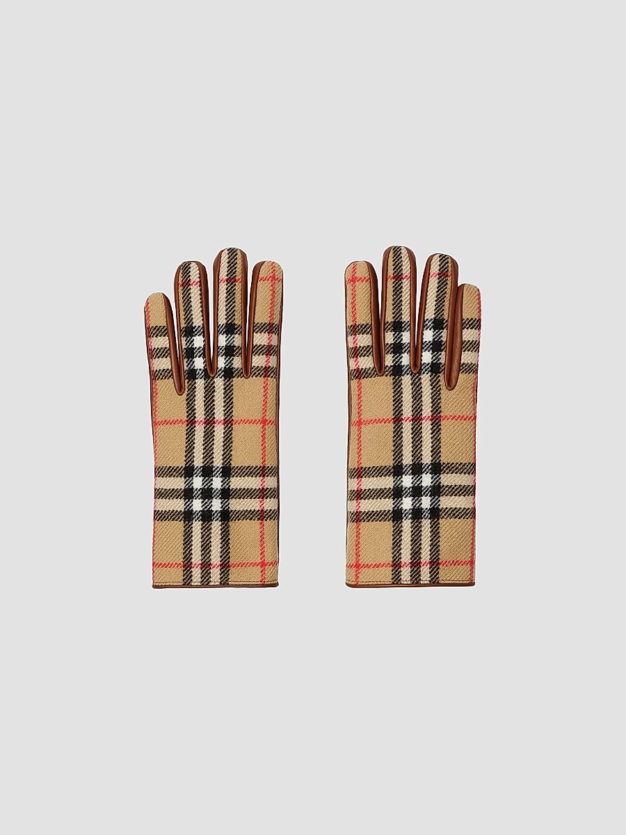 Men's Check-Wool & Leather Gloves - Archive Beige - Size 9.5