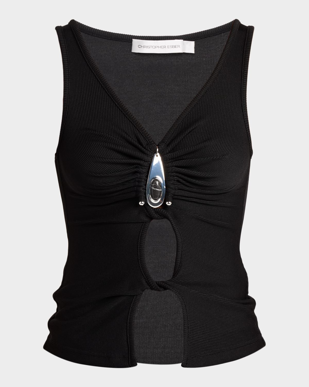 Crystal Pendant Twisted Keyhole Tank Top