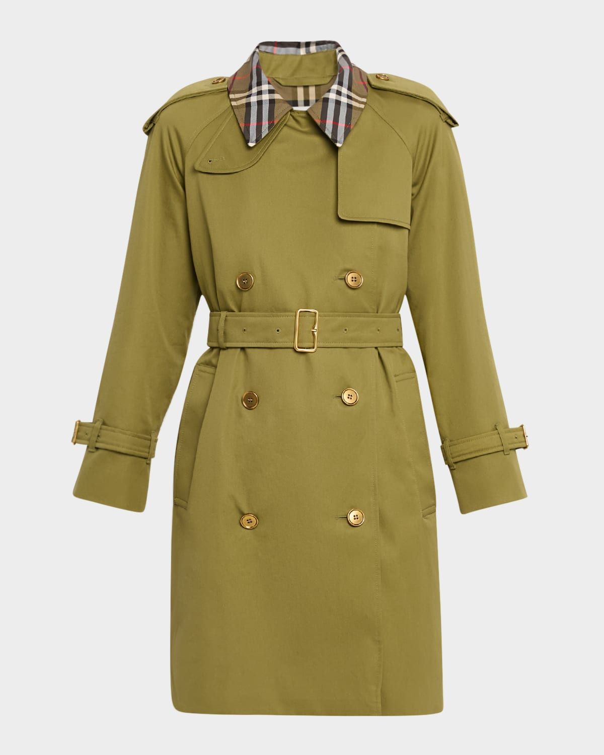 Castleford Check-Collar Belted Double-Breasted Trench Coat