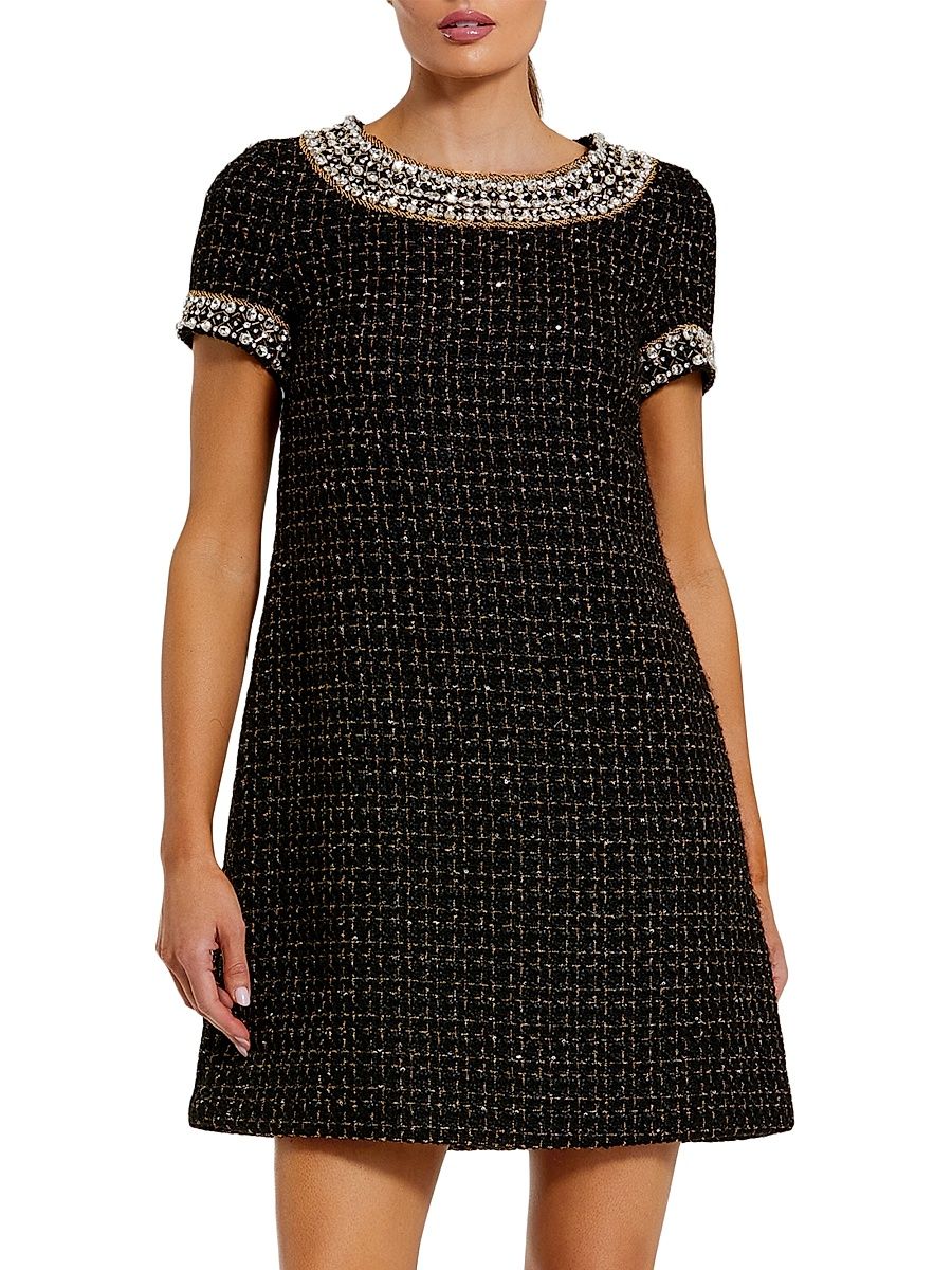 Women's Short Sleeve Bouclé Minidress With Beading Detail - Black Gold - Size XL