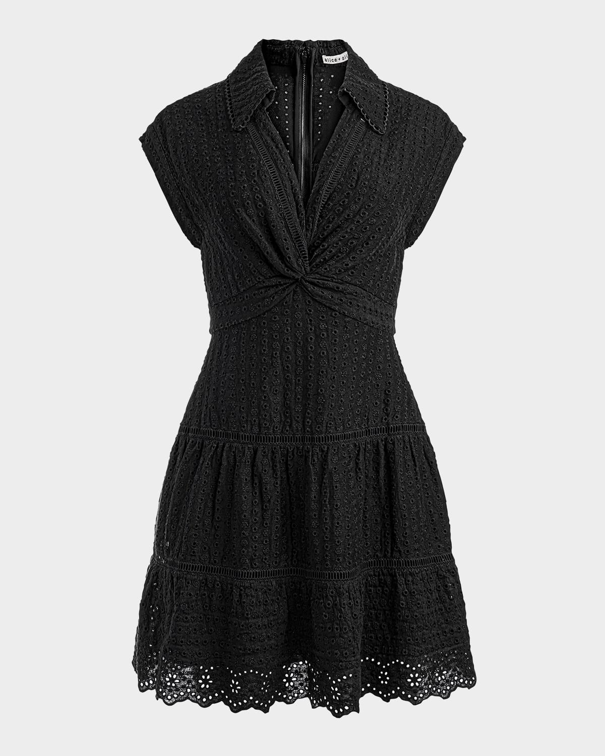 Mila Eyelet Deep V Twist-Front Mini Dress