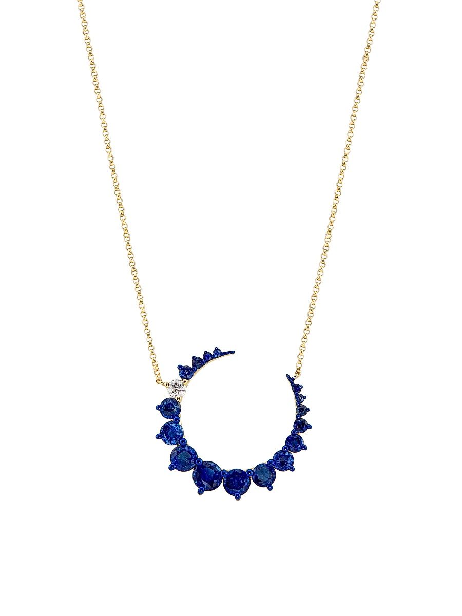 Women's 14K Yellow Gold, Blue Sapphire & 0.11 TCW Diamond Crescent Moon Pendant Necklace - Yellow Gold