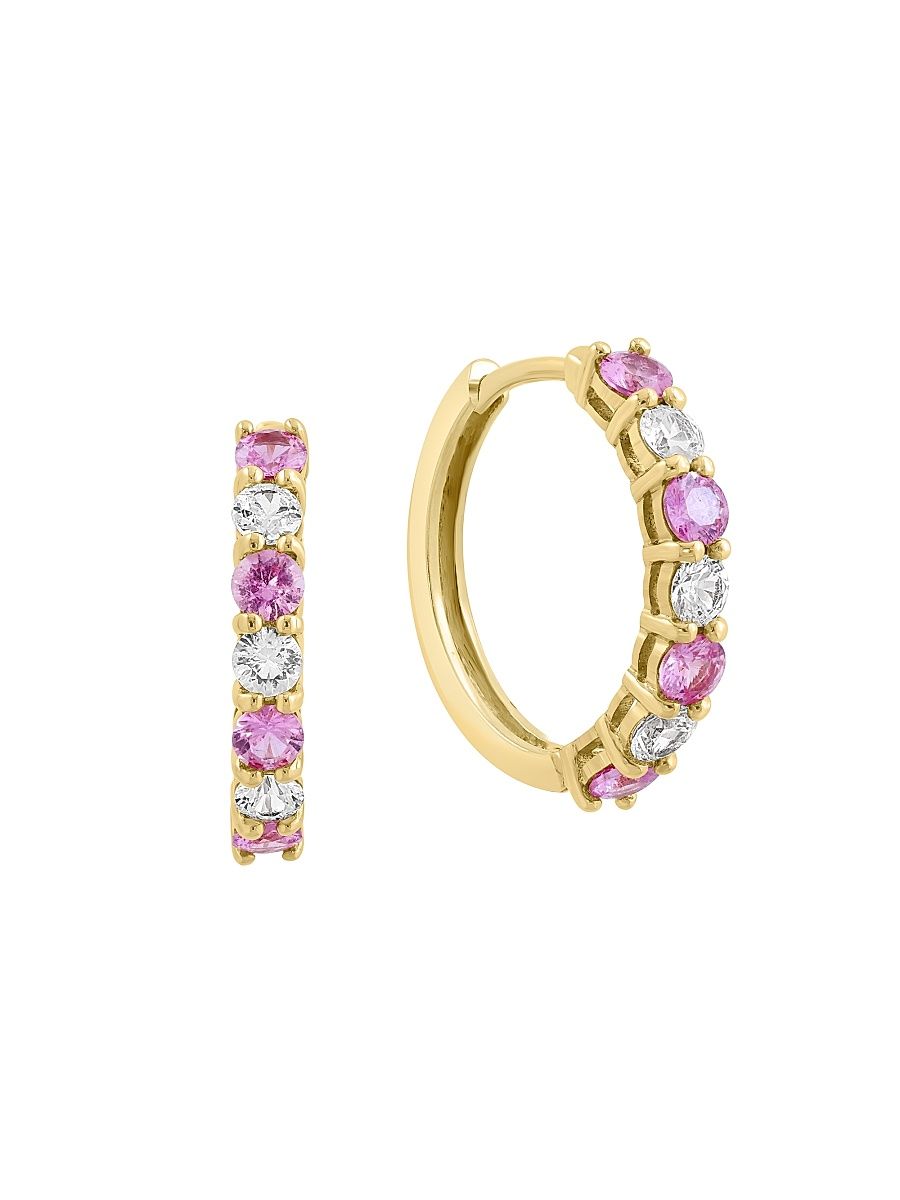 Women's 14K Yellow Gold, Pink Sapphire & 0.59 TCW Diamond Huggie Earrings - Yellow Gold