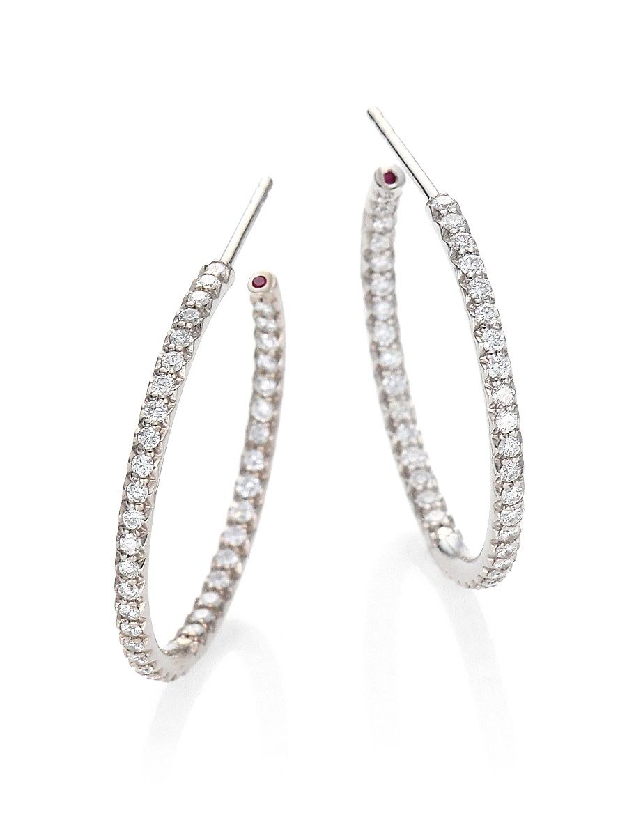 Women's 18K White Gold & Diamond Medium Hoop Earrings - White Gold