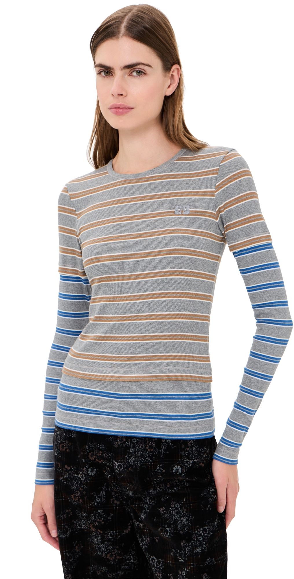 GANNI Soft Cotton Rib Long Sleeve Double Layer Tee Strong Blue XS