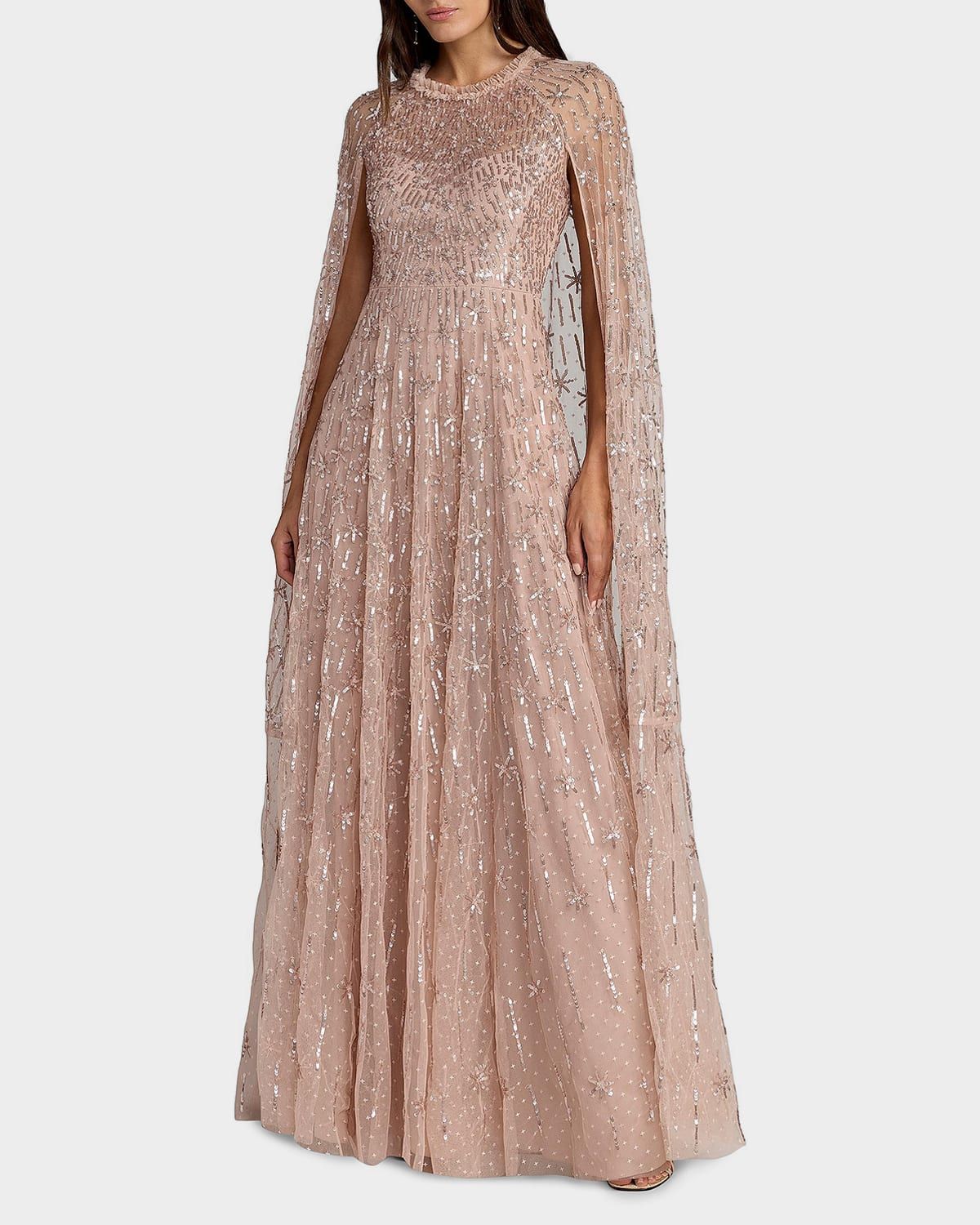 Sequined Cape-Sleeve Gown