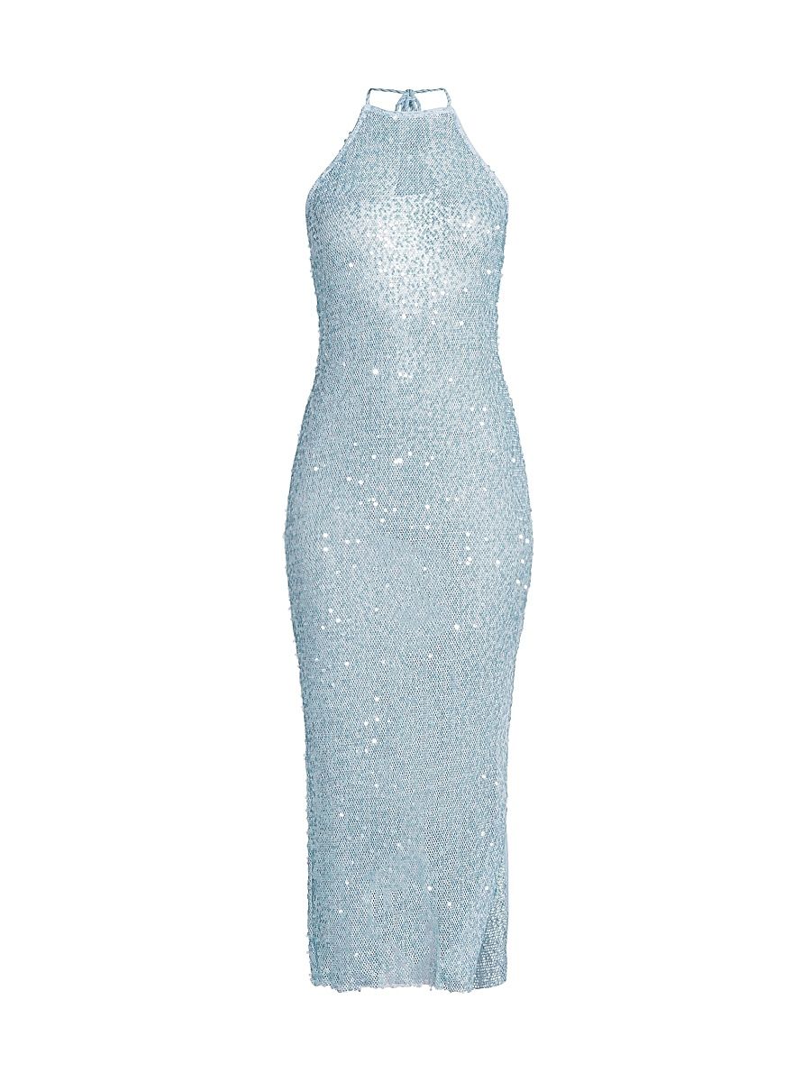 Women's Sequined Mesh Halterneck Dress - Blue - Size XS