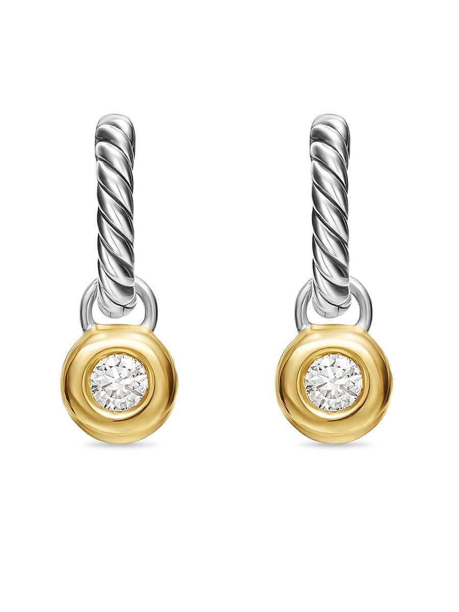 Women's Petite Cable Huggie Drop Earrings in Sterling Silver with 14K Yellow Gold and Diamonds, 17.5MM - Diamond