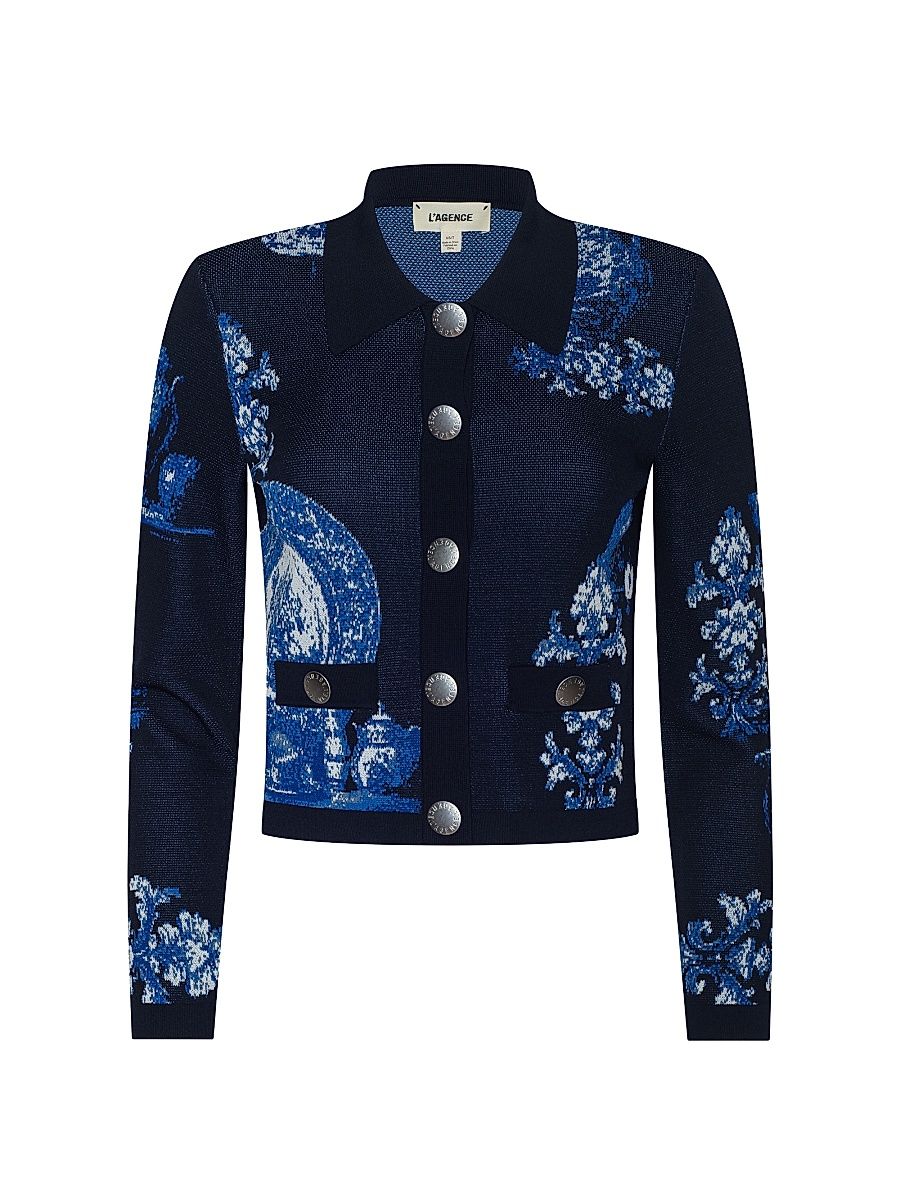 Women's Osiris Jacquard Cardigan - Black Blue Large Porcelain - Size Small