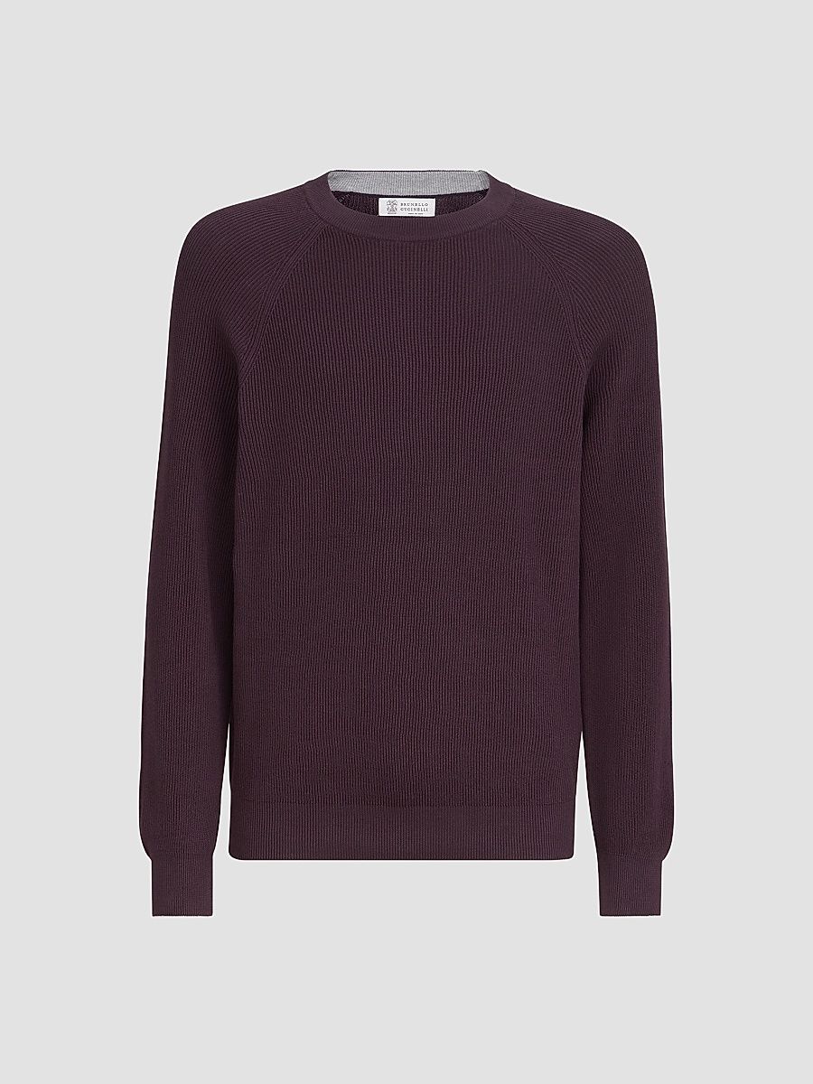 Men's Cotton English Rib Sweater with Raglan Sleeves - Dark Purple - Size 48