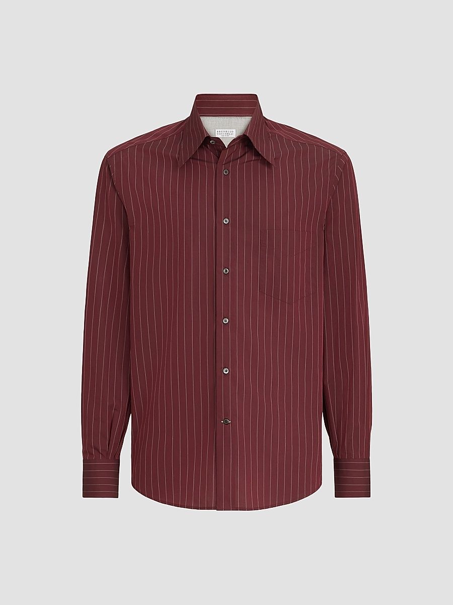 Men's Double Pinstripe Cotton Overshirt with Italian Collar - Burgundy - Size Medium