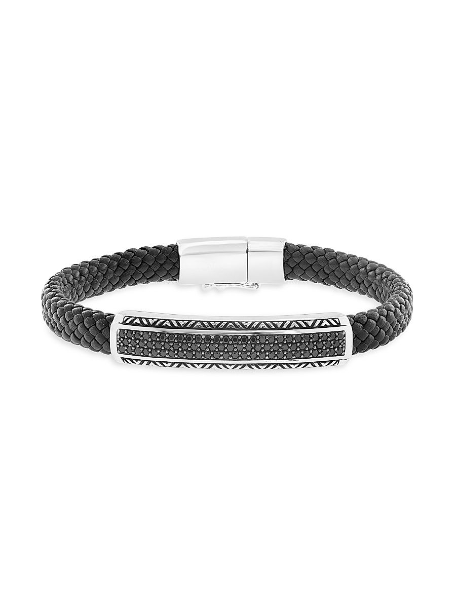 Men's Braided Leather, Sterling Silver & Black Spinel Bracelet - Sterling Silver