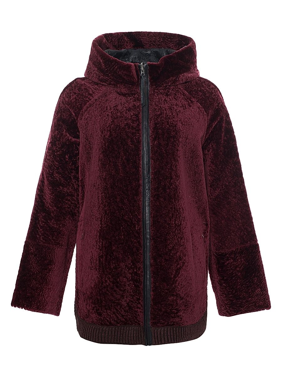 Women's Reversible Textured Shearling Lamb Zip Parka with Ribbed Hem - Burgundy - Size Large