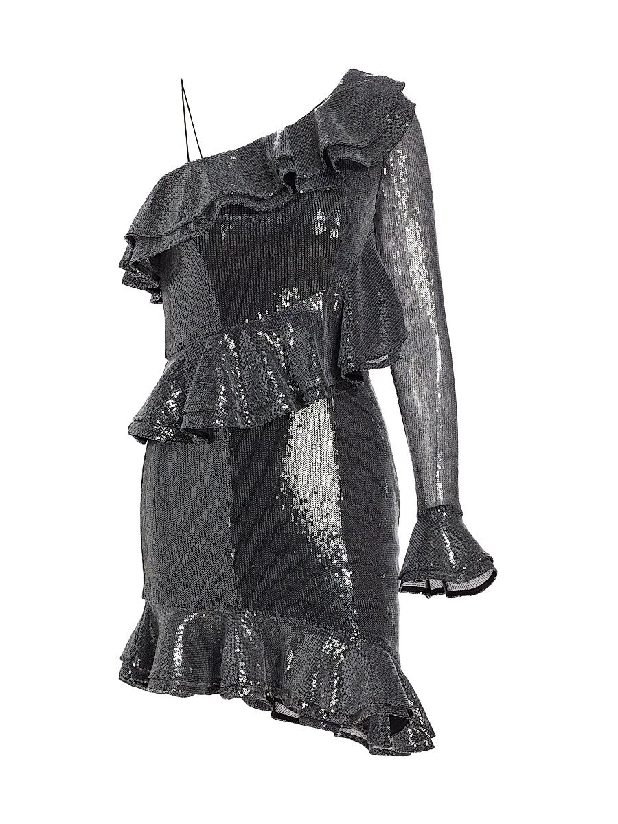 Women's Sequin Ruffled One-Shoulder Minidress - Black - Size 4