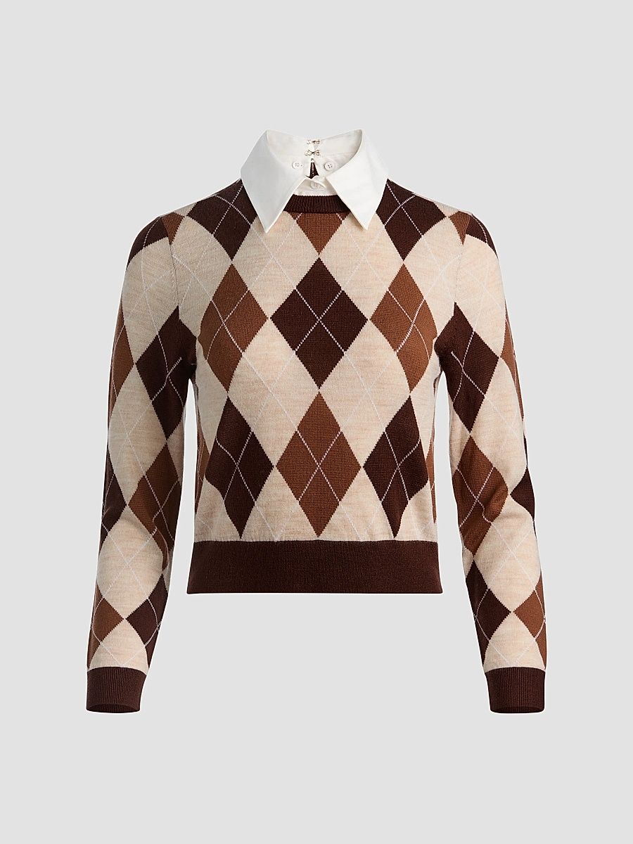ALICE + OLIVIA Women's Carolann Argyle Wool Pullover Sweater - Camel Multi - Size XL
