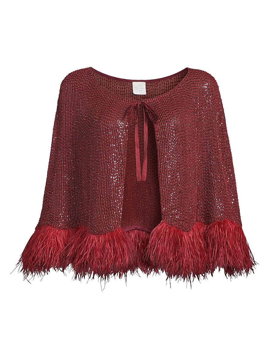 Women's Beaded Silk Feather-Trim Cape - Burgundy